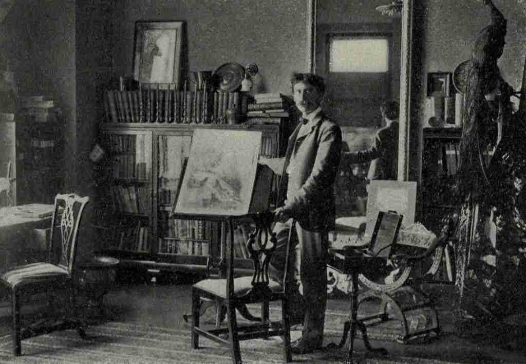 Ernest Thompson Seton in Studio with Drawing (B&W)