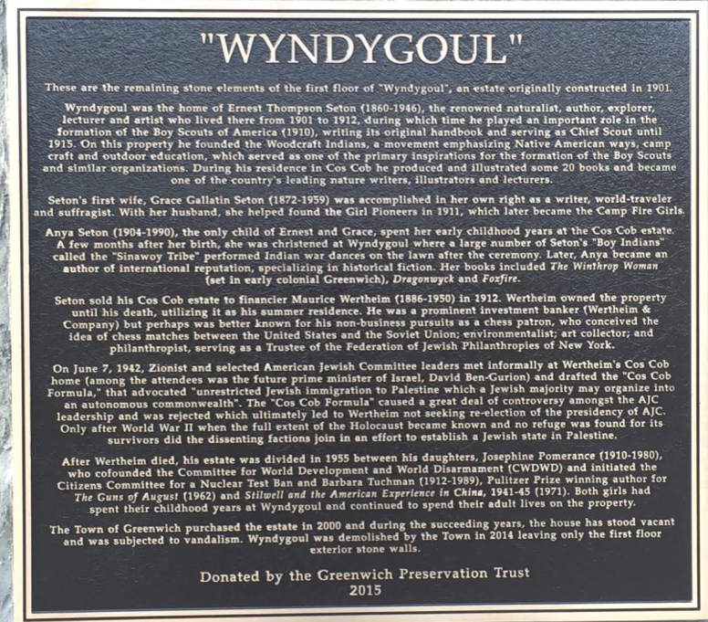 Wyndygoul Plaque at Pomerance Park, Greenwich CT.